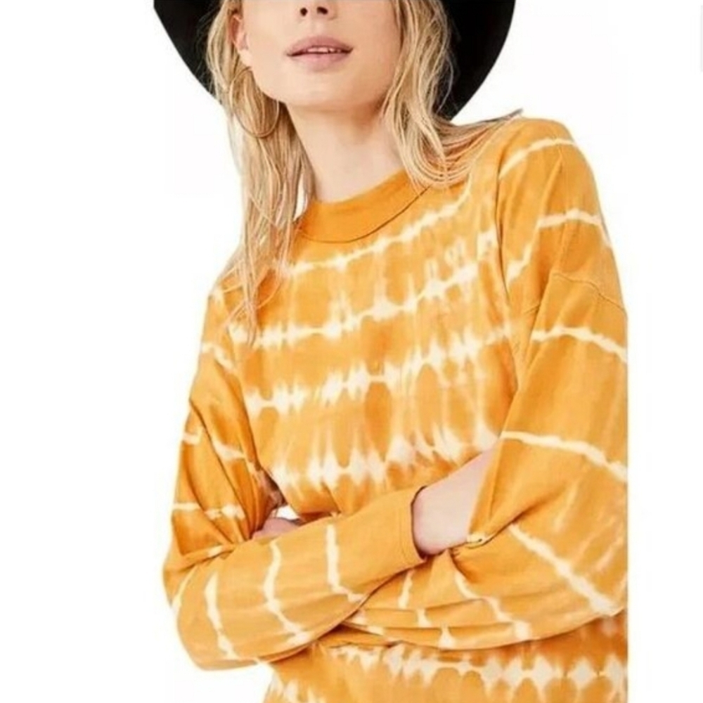 Free People We The Free Oversized Top Sz L Yellow Tie Dye Boho Hippie Fall Shirt
